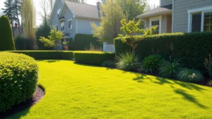 Lush green residential lawn with morning dew, manicured hedges, sustainable landscape design featuring native plantings and garden beds in bright sunlight, photorealistic