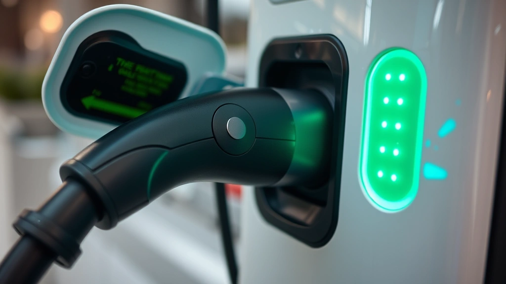 Close-up of electric vehicle charging port connected to modern EV charging station with green LED indicators, representing clean transportation alternative technology
