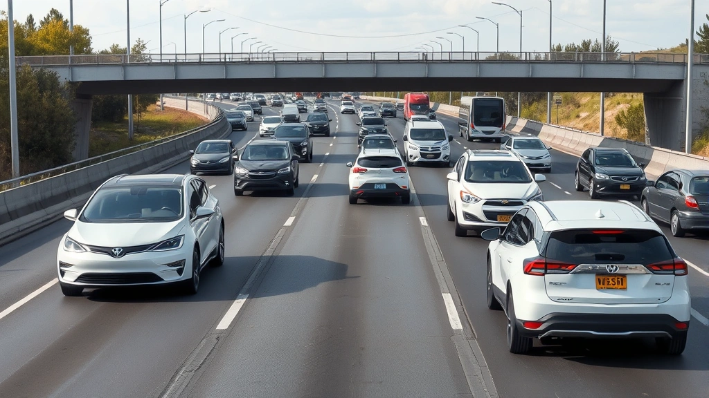 Busy highway with diverse vehicles including electric cars, hybrids, and traditional automobiles driving during daytime, illustrating mixed transportation landscape and future transition