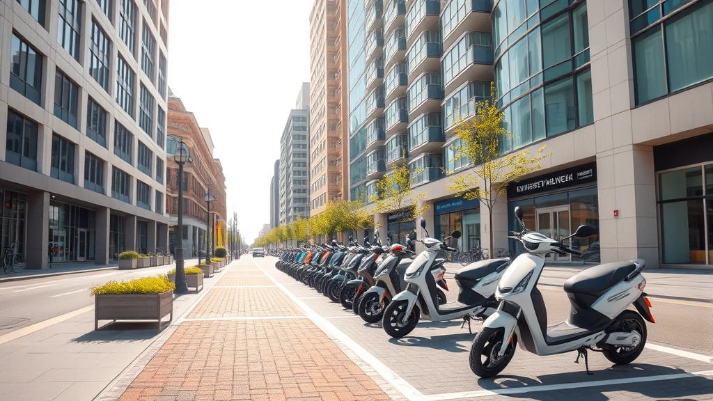 Urban street scene with electric scooters parked in bike lane, modern city buildings, sunny day, no people, clean environment aesthetic