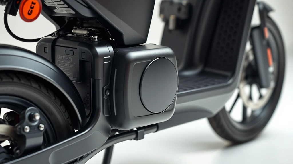 Close-up of electric scooter battery and motor components, technical detail showing modern sustainable technology, clean studio lighting