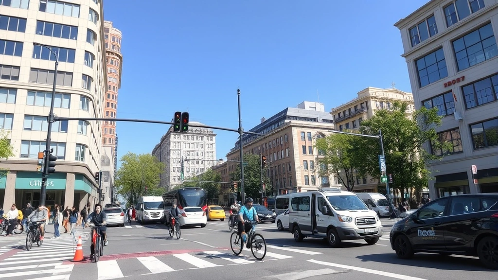 Busy city intersection with mixed transportation modes including bicycles, pedestrians, and electric vehicles, blue sky, vibrant urban sustainability
