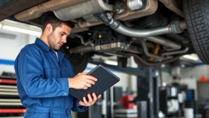 Mechanic in blue uniform inspecting underneath a vehicle with diagnostic equipment in a modern auto repair shop, natural lighting showing fuel system components