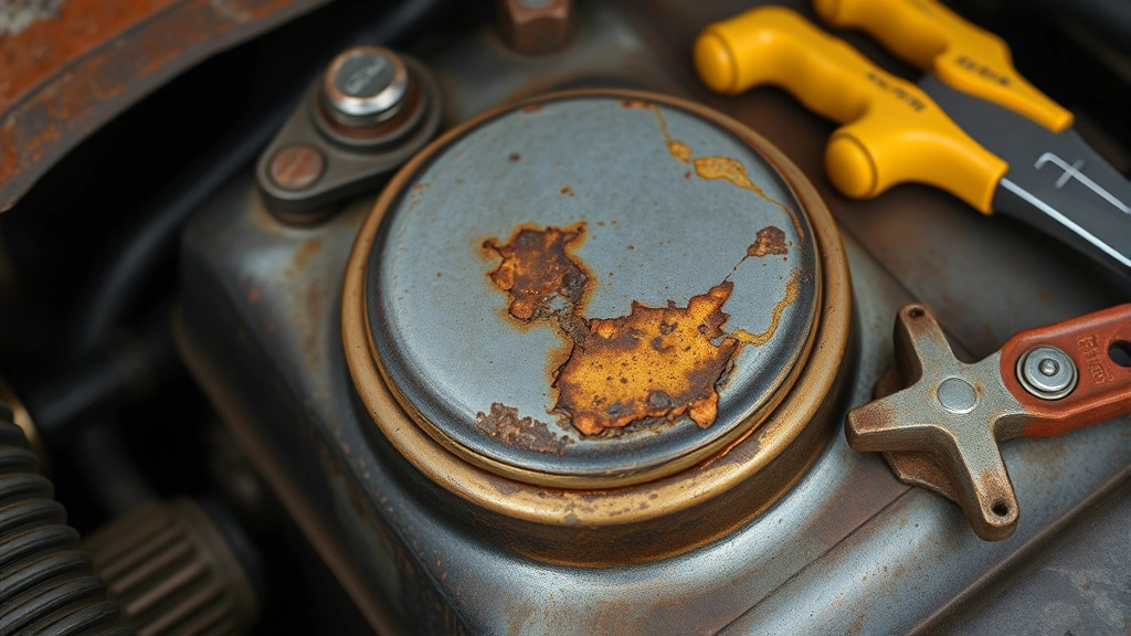Close-up of fuel tank area showing rust and corrosion damage on metal surface with tools nearby, demonstrating deterioration in automotive fuel systems