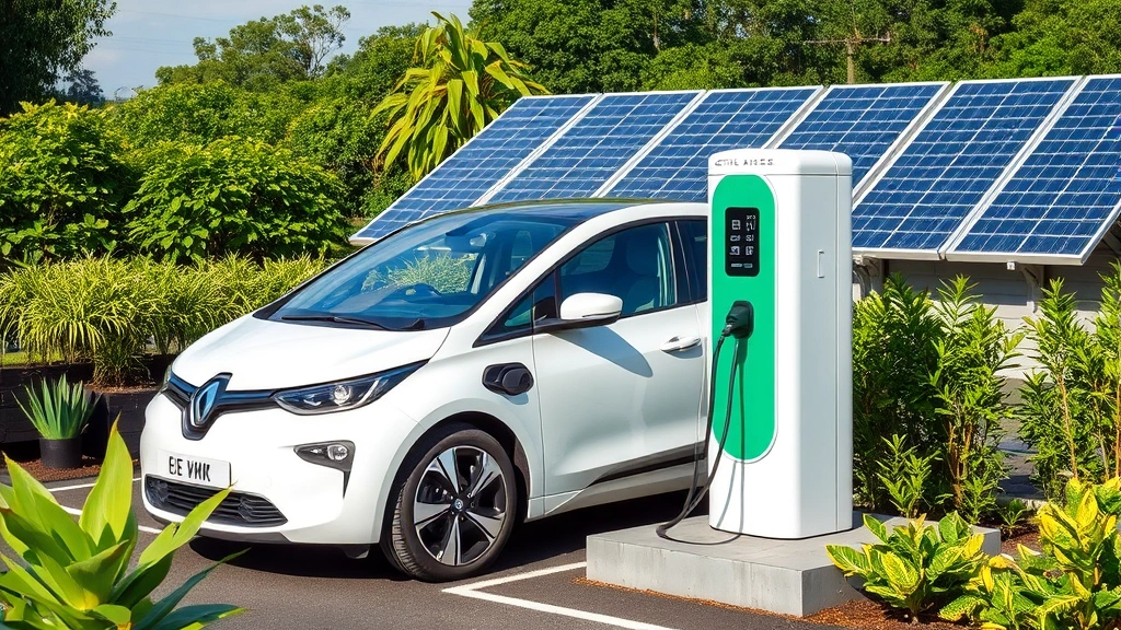 Electric vehicle charging at a sustainable charging station surrounded by green plants and solar panels, representing eco-friendly transportation alternatives