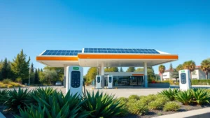 Modern eco-friendly gas station with solar panels on roof, electric vehicle charging stations visible in foreground, lush green landscaping with native plants, clear blue sky, photorealistic daytime scene with no text or signage visible