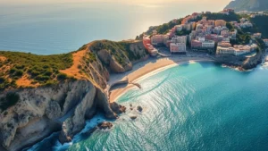 Aerial view of Sorrento coastline with turquoise Mediterranean waters, dramatic cliffs, and pastel-colored buildings nestled on hillside, golden afternoon light reflecting off sea, no people visible, photorealistic