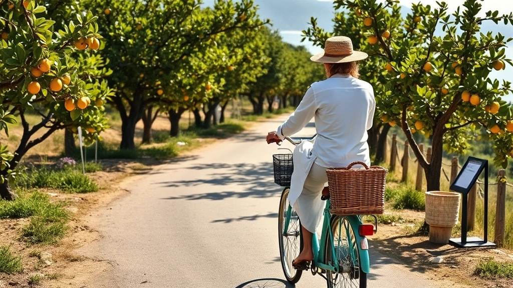 Woman cycling on coastal pathway through lemon groves near Sorrento, white linen clothing, vintage bicycle with basket, Mediterranean landscape background, bright natural daylight, peaceful cycling scene
