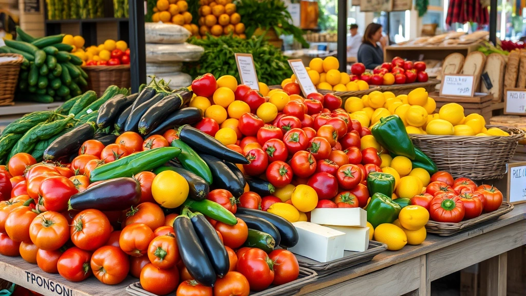Colorful fresh produce at Italian farmers market including tomatoes, eggplants, lemons, bell peppers, local artisan cheeses and bread displayed on wooden tables, natural market lighting, no price signs or text visible