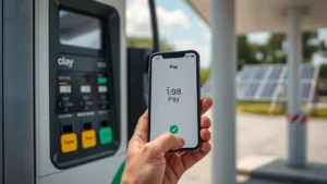 Close-up of smartphone displaying Apple Pay interface near a modern gas pump terminal, hand holding phone toward contactless reader, eco-friendly gas station setting with solar panels visible in background, photorealistic daylight