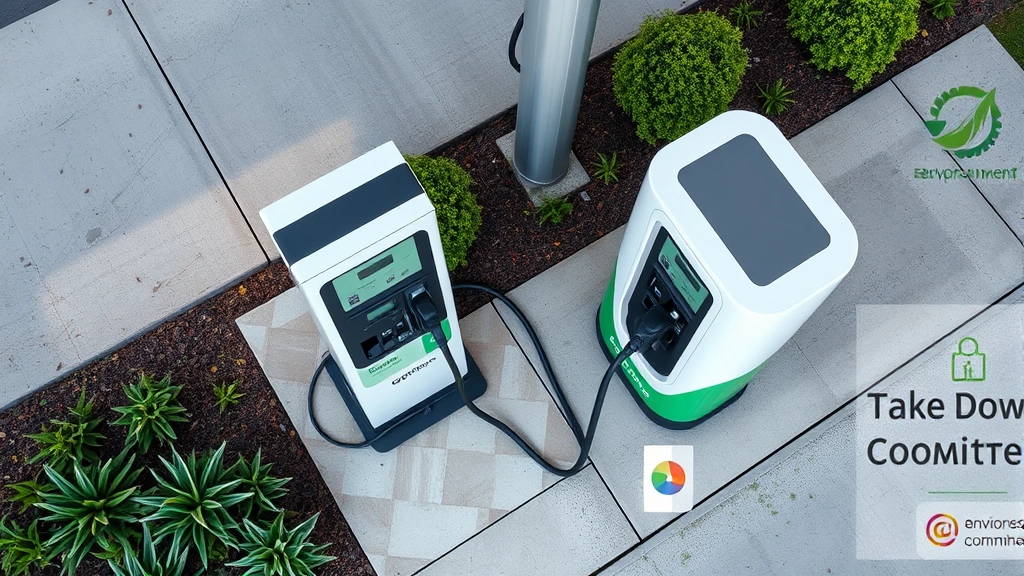 Overhead view of electric vehicle charging station next to traditional fuel pump, showing digital payment terminals, green landscaping and environmental commitment signage, modern sustainable gas station design