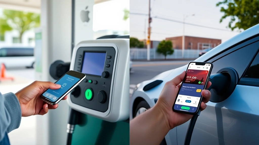 Split-screen comparison: left side shows person using Apple Pay at pump, right side shows electric vehicle charging with app payment, both images showing seamless digital transactions and sustainable energy infrastructure