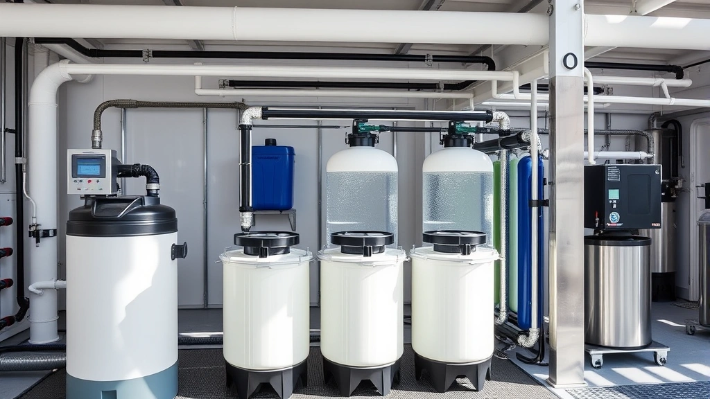 Modern water recycling system at eco-friendly car wash facility showing multi-stage filtration tanks and pipes, clean industrial equipment in bright daylight, no signage or text visible, professional automotive service setting