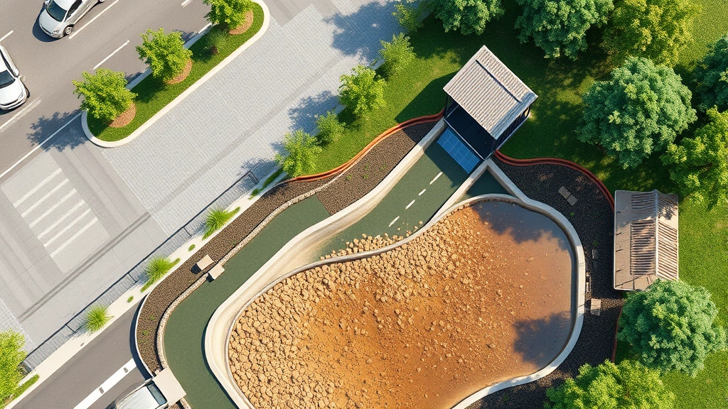 Aerial view of car wash drainage system with permeable paving and sediment filtration basin, water treatment infrastructure, natural landscape integration, professional facility design, photorealistic environmental engineering