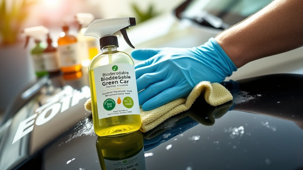 Close-up of biodegradable green car wash product being applied to vehicle surface with microfiber cloth, sustainable cleaning in action, natural product bottles nearby, professional detailing work, bright natural lighting, eco-conscious automotive care