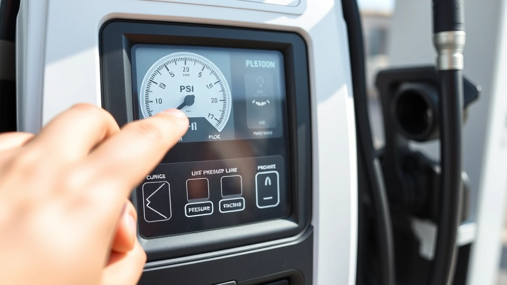 Close-up of a digital gas station air pump display showing PSI gauge and pressure adjustment buttons, with a hand reaching toward the interface, modern equipment in bright daylight, clean station setting