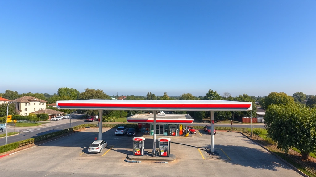 Aerial view of a gas station forecourt with multiple fuel pumps and visible air station kiosk in the background, vehicles parked, sunny weather, suburban location with trees and clear sky