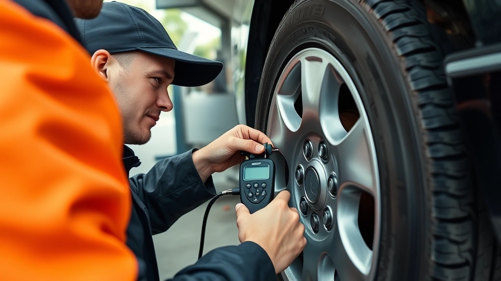 Mechanic or driver checking tire pressure with portable digital gauge while vehicle is parked at gas station, showing tire valve stem connection, professional maintenance scene, natural lighting