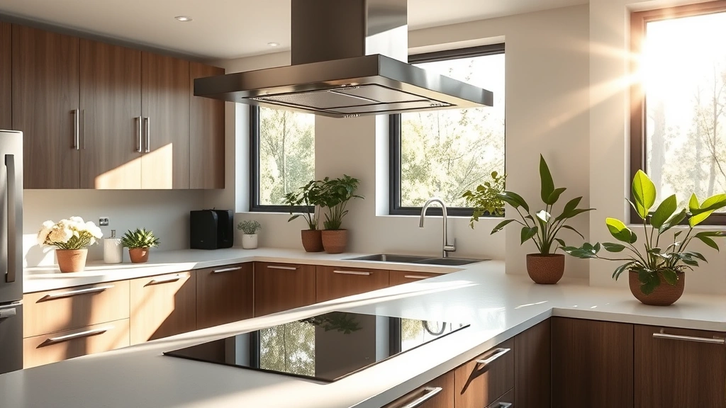 Modern kitchen with sleek induction cooktop and stainless steel hood fan, sunlight streaming through windows, plants on counters, minimalist eco-conscious design