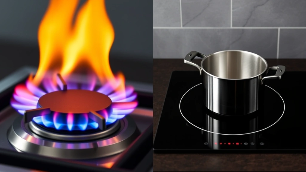 Split-screen comparison: left side shows traditional gas burner flames, right side shows induction cooktop with pot, emphasizing clean energy contrast