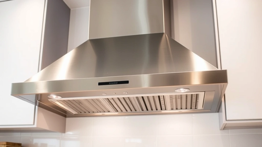 Close-up of ducted range hood ventilation system actively removing steam and cooking vapors from kitchen, stainless steel finish, professional installation visible
