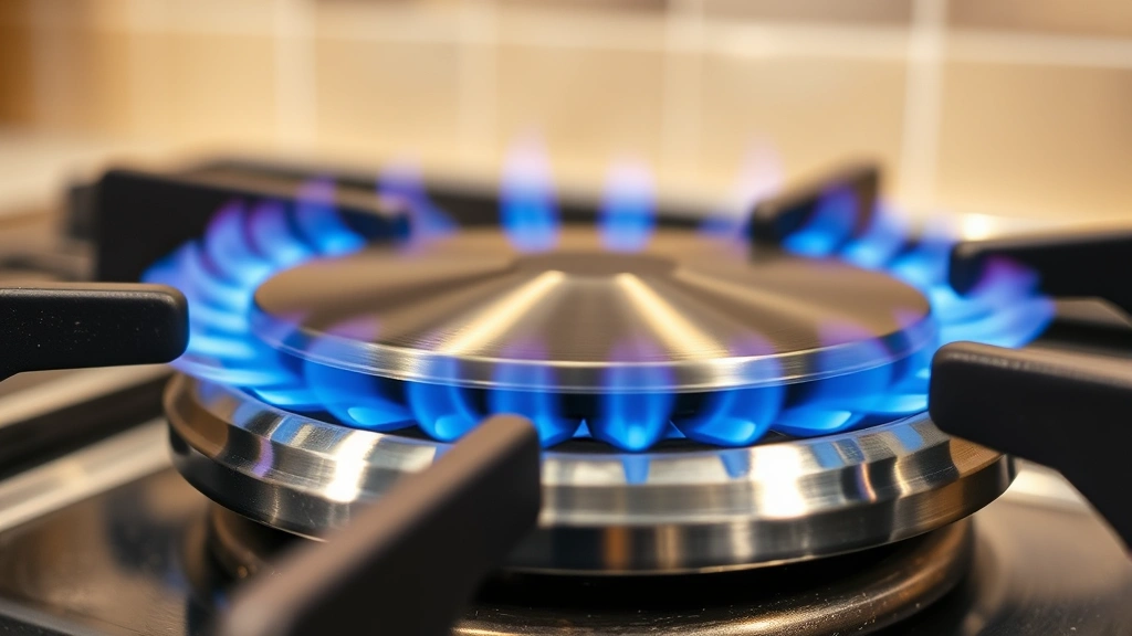 Close-up of recycled stainless steel burner cover on gas stove with blue flames burning efficiently, showing even heat distribution across cover surface, kitchen setting