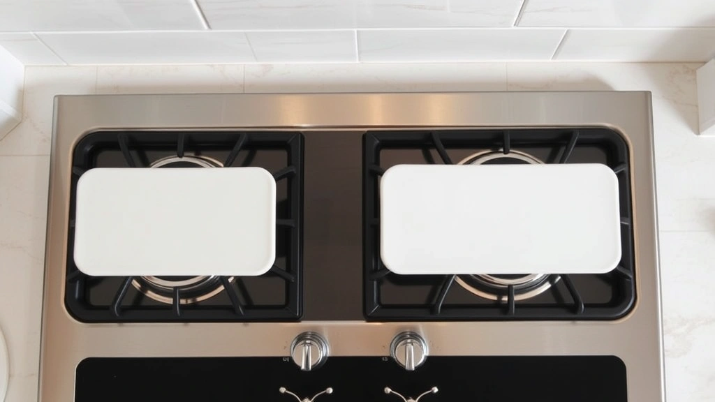 Overhead view of eco-friendly ceramic-coated burner covers installed on four burners, demonstrating proper positioning and alignment, modern sustainable kitchen