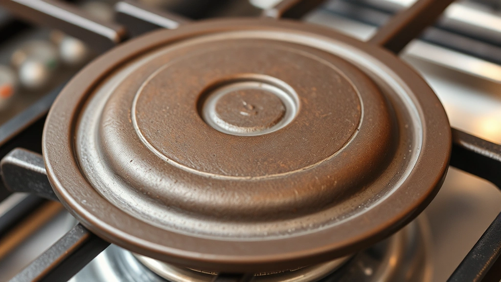 Detail shot of cast iron burner cover with natural finish, showing durability and patina development, positioned on gas stove grate with warm lighting