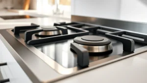 Close-up of a stainless steel gas stove cooktop with a sleek magnetic cover in neutral gray tone, kitchen countertop visible, modern minimalist kitchen setting, natural morning light streaming through window, pristine and clean surface