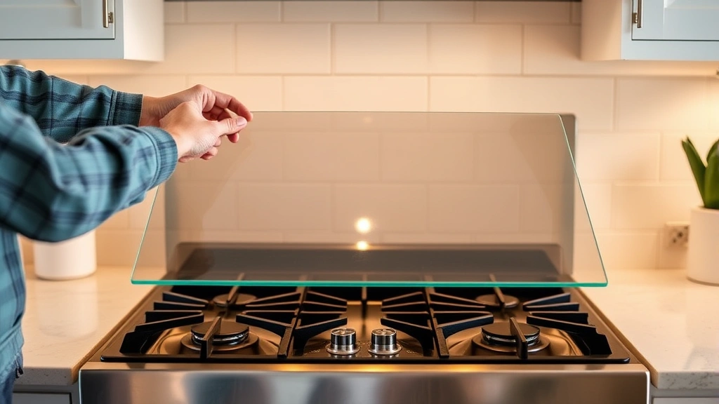 Hands gently placing a tempered glass cooktop cover over a gas stove, showing the protective installation process, warm kitchen lighting, eco-conscious homeowner demonstrating sustainable appliance care practice