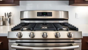 Modern stainless steel Whirlpool gas stove in contemporary kitchen with clean countertops, showing precision burner details and sealed grates, professional photography