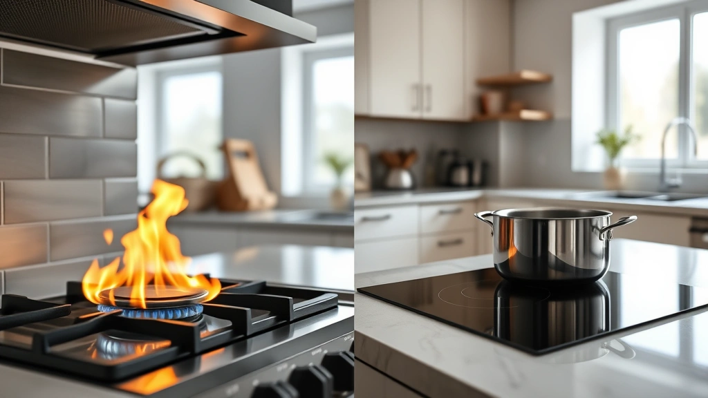 Split-screen comparison showing gas stove flame on left, induction cooktop with pot on right, both in modern kitchens with natural lighting, photorealistic