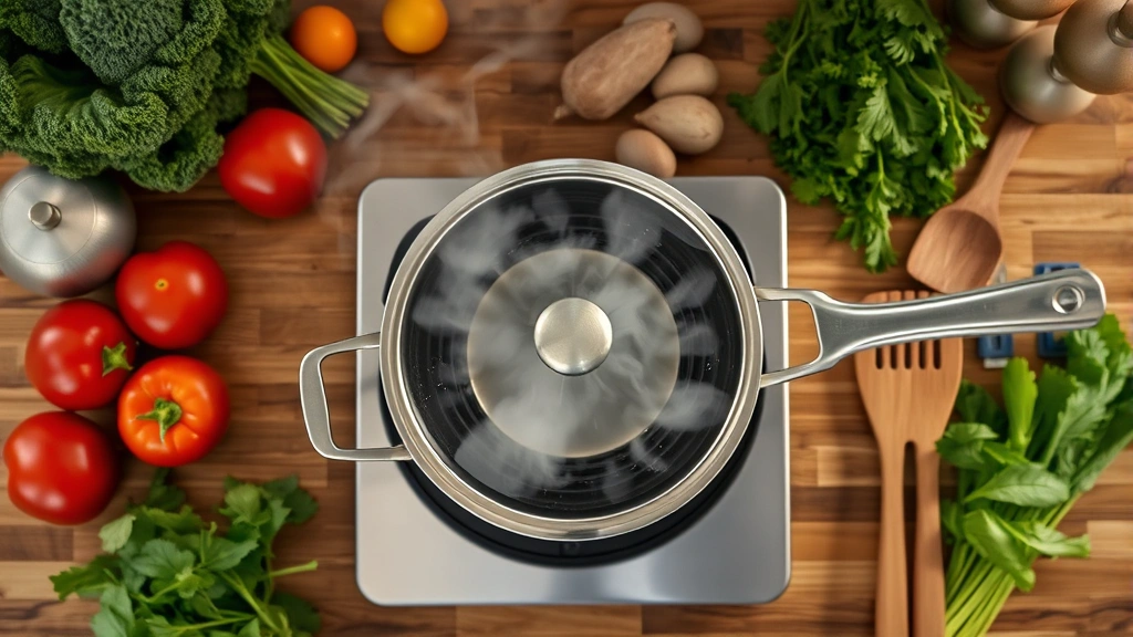Overhead view of energy-efficient cooking with pot lid on gas burner, steam rising, surrounded by fresh vegetables and sustainable kitchen utensils on wooden counter