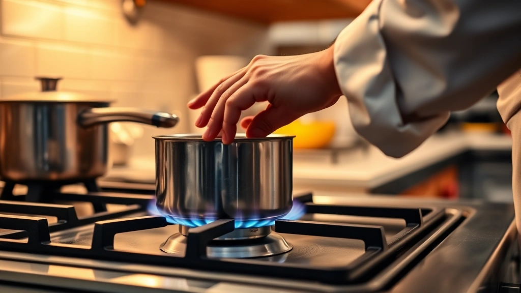 Professional chef's hands adjusting gas flame on stainless steel cooktop with simmering pot, warm kitchen lighting, close-up perspective