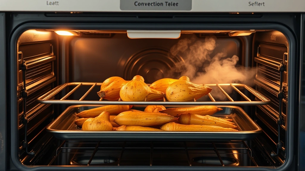 Modern electric oven interior with convection vents visible, perfectly golden-brown roasted vegetables on rack, steam visible through glass door