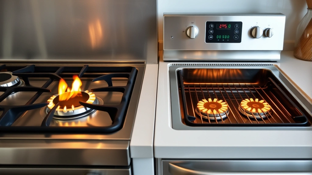 Split kitchen scene showing gas cooktop burners with flames on left side, electric oven with glowing heating elements on right side, contemporary kitchen setting