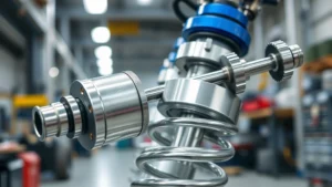 Close-up of precision-engineered industrial gas strut cylinder with steel rod and aluminum components, showing manufacturing quality and recyclable materials in clean workshop lighting