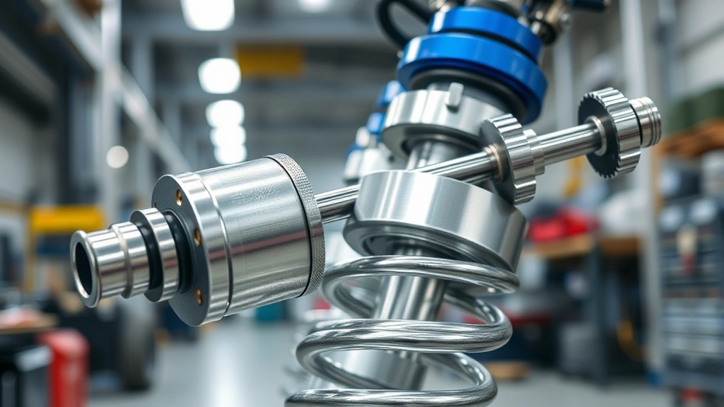 Close-up of precision-engineered industrial gas strut cylinder with steel rod and aluminum components, showing manufacturing quality and recyclable materials in clean workshop lighting