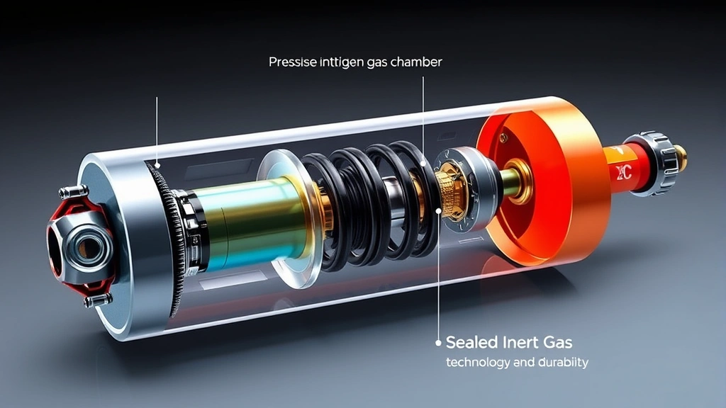 Cutaway cross-section illustration of gas strut internal mechanism showing pressurized nitrogen gas chamber and piston assembly, emphasizing sealed inert gas technology and durability