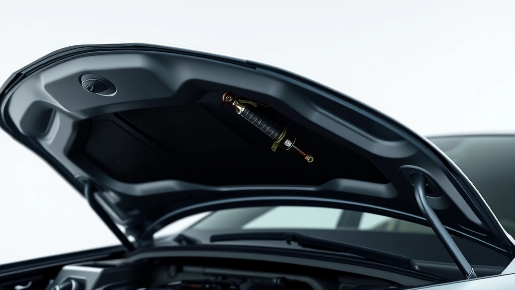 Automotive hood hinge with integrated gas strut supporting open hood, demonstrating real-world application in vehicle lightweight design and fuel efficiency engineering