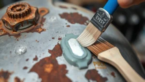 Corroded metal fuel tank surface showing rust and deterioration with epoxy repair compound being applied using precision brush, close-up detail photography, workshop lighting