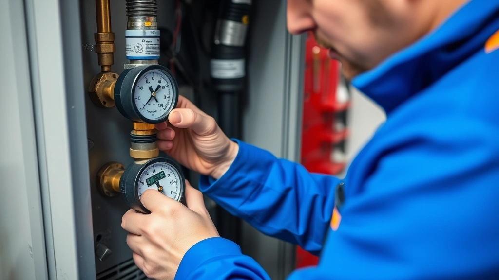 Close-up of a professional HVAC technician in blue uniform using a pressure gauge to test a furnace gas valve, with digital display visible, workshop setting with tools in background