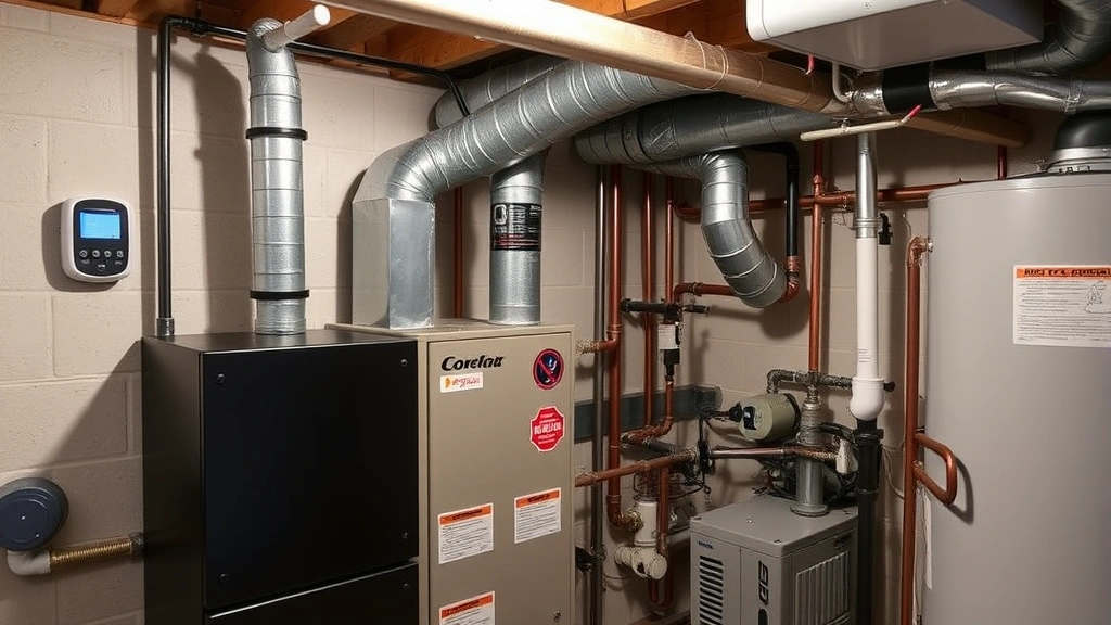 Well-maintained residential furnace room showing clean gas lines, proper ventilation, modern thermostat on wall, and organized mechanical equipment in basement