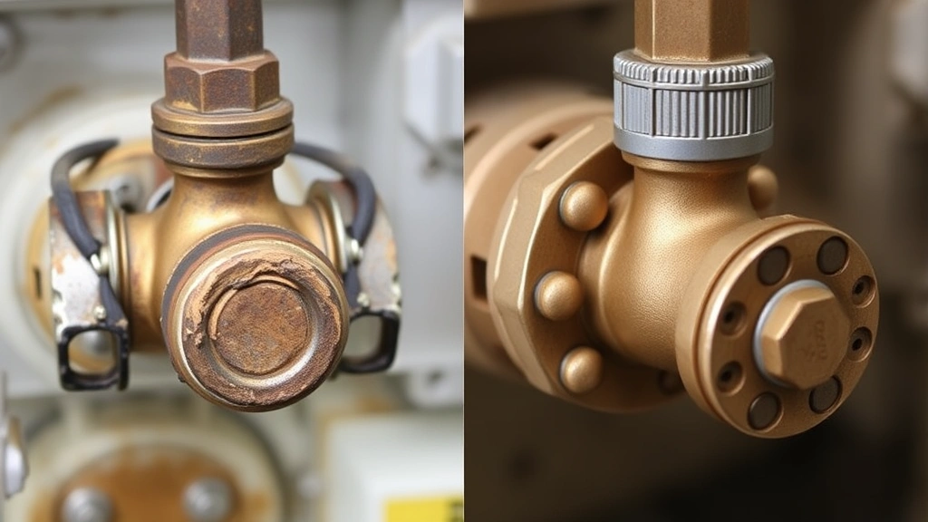 Split-screen comparison showing corroded old gas valve on left with visible rust and mineral deposits versus clean, properly maintained gas valve on right, both photographed at same angle