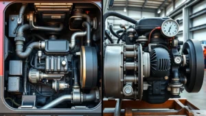 Split-screen comparison showing a diesel truck engine compartment on left and gasoline engine on right, highlighting mechanical differences, industrial photography, natural lighting, metal components visible, no text or labels