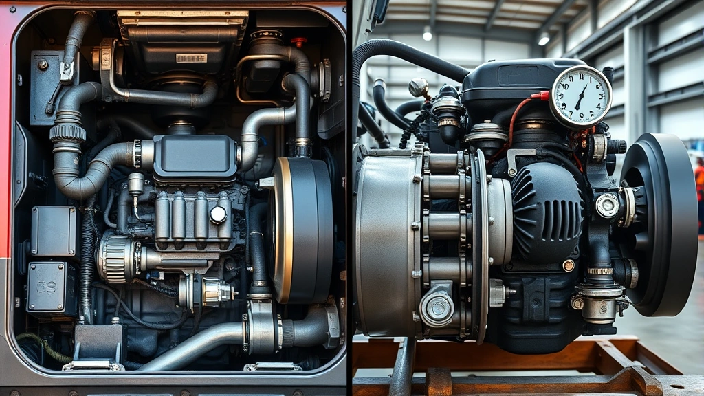 Split-screen comparison showing a diesel truck engine compartment on left and gasoline engine on right, highlighting mechanical differences, industrial photography, natural lighting, metal components visible, no text or labels