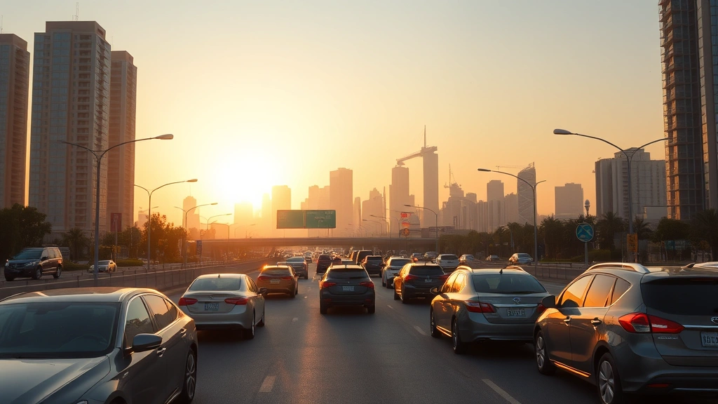 Urban highway intersection during golden hour with mix of vehicles including sedans and SUVs in traffic, showing air quality haze over cityscape, realistic atmospheric perspective, no vehicle branding visible, environmental focus