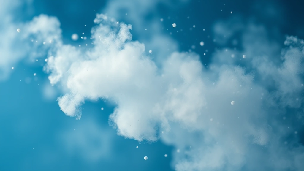 Close-up macro photograph of air pollution particles and emissions dispersing into atmosphere, scientific visualization style, showing particulate matter diffusion patterns, blue and gray tones, no text overlay