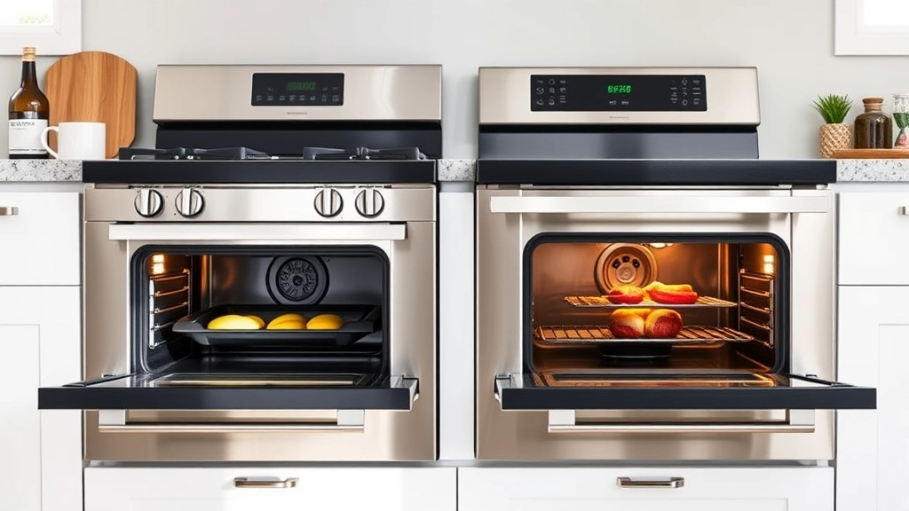 Professional stainless steel gas and electric oven side-by-side in modern kitchen with natural light, both showing open doors with food inside, clean contemporary design