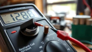 Close-up of a digital multimeter displaying resistance readings with red and black probe leads connected to a solenoid coil component, showing clear numerical display in a home workshop setting with natural lighting